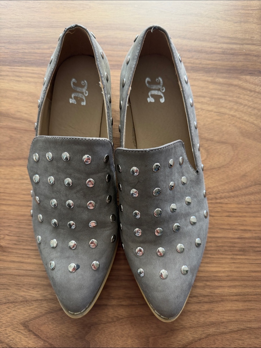 Studded Gray Pointed Slip-On Loafers for Women